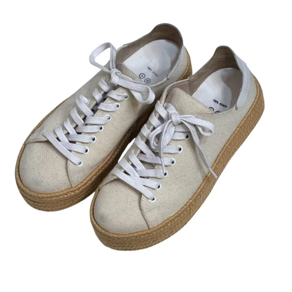 Schutz Luana Espadrille Platform Shoes Womens Size 7.5B Beige Canvas Lace Up